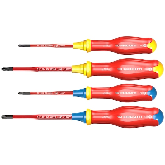 Facom ATBJ4TVE set of four insulated screwdrivers with red and yellow handles, flat lay on white background.