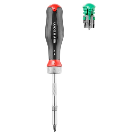Facom ATCL.1PB multi-bit screwdriver with black and red ergonomic handle and interchangeable bits, front view on white.