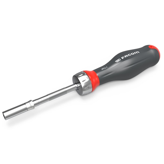 Facom ATCL.1PB ratcheting screwdriver with black handle, red accents, and chrome shaft, angled on white background.