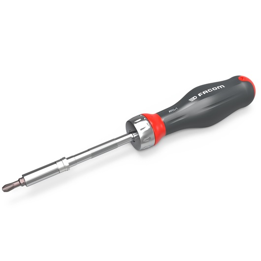 Facom ATCL.1PB photography of black and red ratcheting screwdriver, side angle on white background.