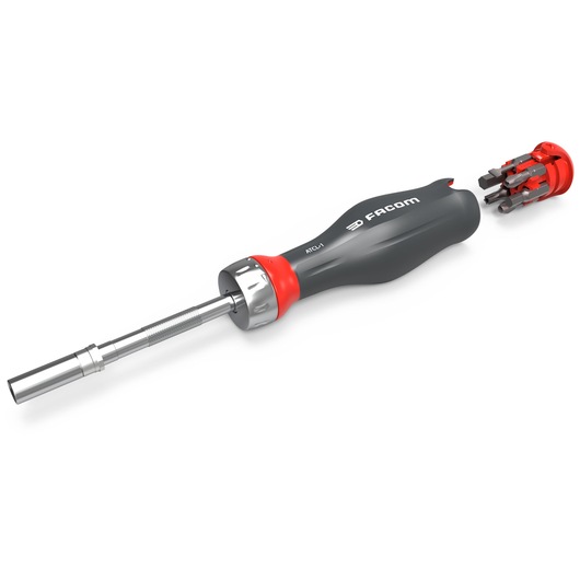 Facom ATCL.1PB multi-bit screwdriver with detachable bit holder, black and red handle, side angle.