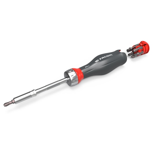 Facom ATCL.1PB multi-bit screwdriver with black and red handle, interchangeable bits, side view on white background.