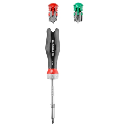 Facom ATCL.1PB multi-bit screwdriver with black handle, two colored bit holders, front view, white background.