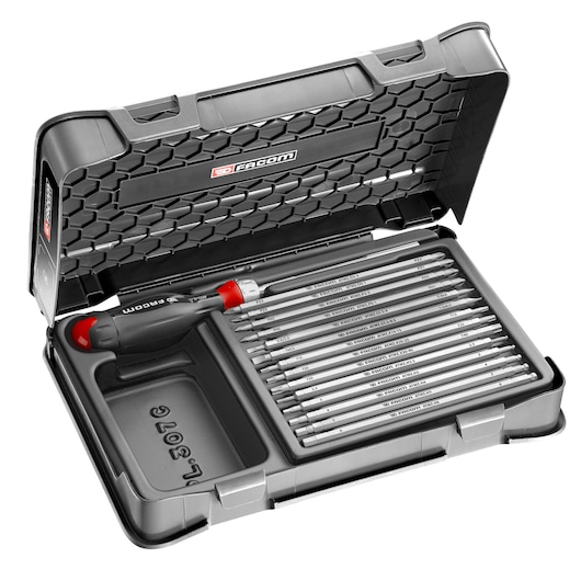 Facom ATCL.2A15 screwdriver and bit set in black and red plastic case, top view on white background.
