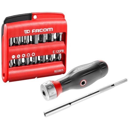 Facom screwdriver set ATCL.2A2PB with red and black handle, bit holder, and assorted screwdriver bits, angled on white background.