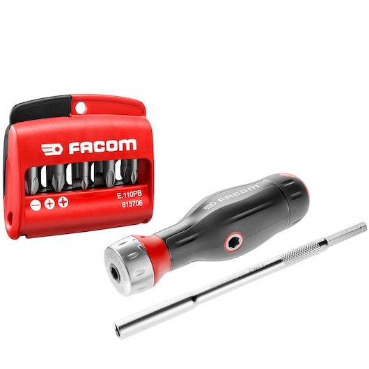 Facom ATCL.2A3PB screwdriver set with black and red handle, interchangeable shaft, and bit set case, front angle.