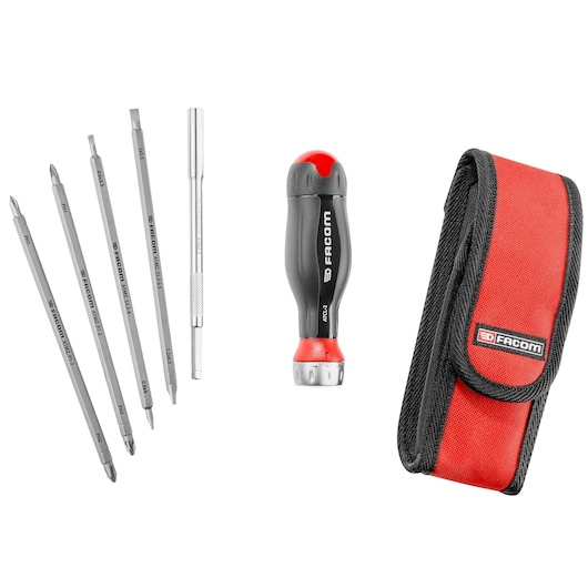 Facom ATCL.2A5 screwdriver set with six bits, ergonomic handle, extension, and red-black carrying pouch, front view.