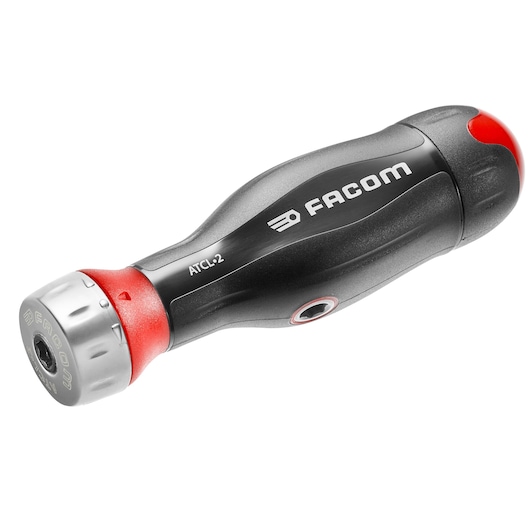 Photo of Facom ATCL.2 black and red ratcheting screwdriver handle, side angle, on white background.