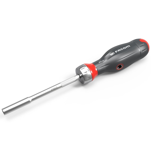 Facom ATCL.2 ratcheting screwdriver, black and red handle, angled on white background.