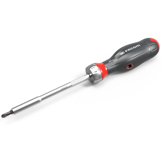 A Facom branded ratcheting screwdriver with a black and red ergonomic handle and a metallic shaft, shown against a white background.