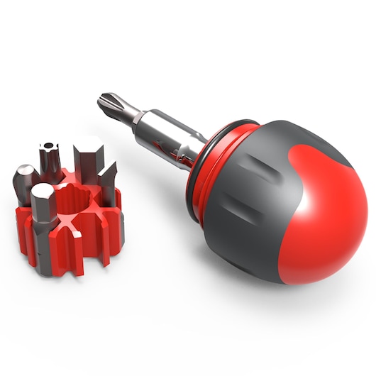 Facom ATCL.2 stubby screwdriver with red and black handle and multiple interchangeable bits, white background, product side view.
