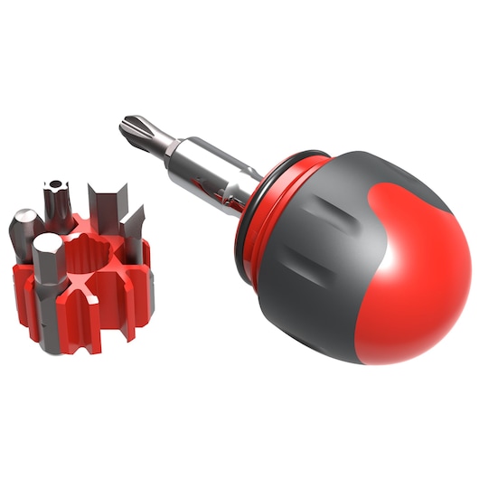 Facom ATCL.2 stubby screwdriver set with red and black handle, multiple interchangeable bits, front angle on white.