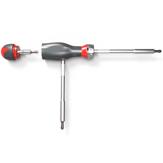 Facom ATCL.2 photography of multi-bit screwdriver with detachable handle and bits, front angle, white background.