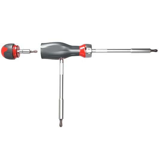 Facom ATCL.2 screwdriver with detachable red and black handle, multiple bit extensions, side angle on white background.