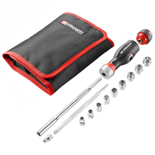 Facom ATCL.3.12PB ratcheting screwdriver set with multiple sockets, two extension bars, and black pouch, angled view.
