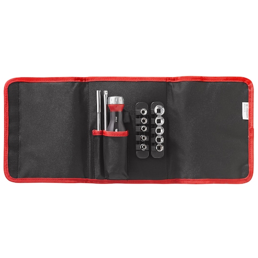 Facom ATCL.3.12PB socket wrench set with ratchet handle, extension bars, and sockets in a black and red case, top view.
