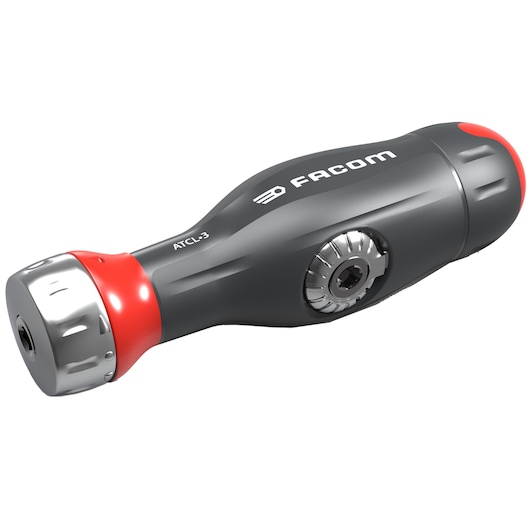 Facom ATCL.3 black and red ratcheting screwdriver, side view, on white background.