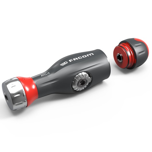 Photo of a Facom ATCL.3 ratcheting screwdriver handle with removable black and red cap, side angle on white background.