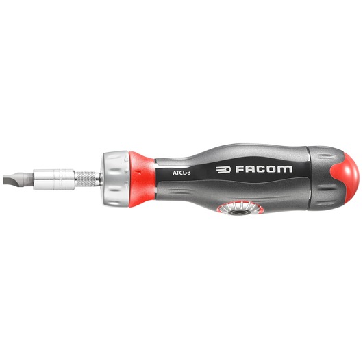 Facom ATCL.3 ratcheting screwdriver with black and red ergonomic handle, side profile on white background.
