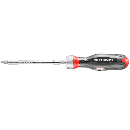 Facom ATCL.3 ratcheting screwdriver with black and red ergonomic handle, side view on white background.