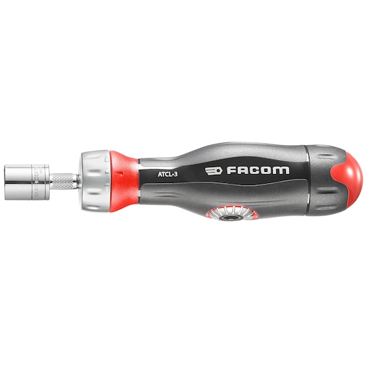 Facom ATCL.3 ratcheting screwdriver, black and red handle, side view, white background.