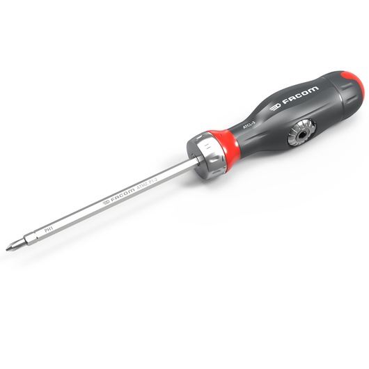 Photo of Facom ATCL.3 ratcheting screwdriver with black and red ergonomic handle, side angle, white background.