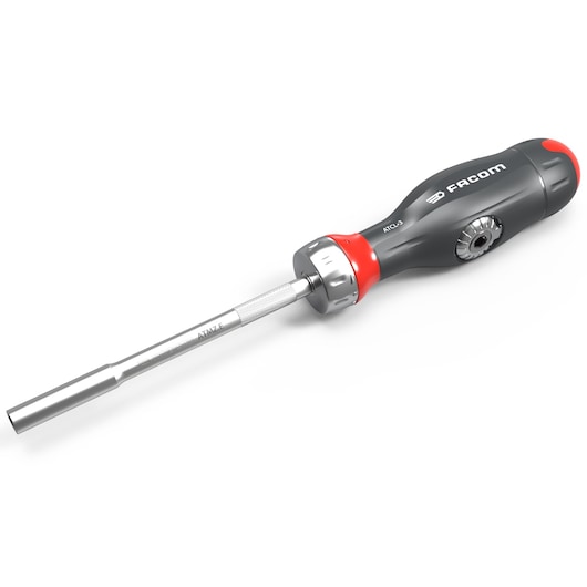 Facom ATCL.3 ratchet screwdriver, black and red handle, silver shaft, side angle, photography category.