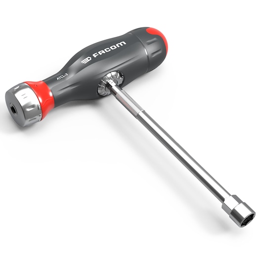 Facom ATCL.3 T-handle ratchet screwdriver with black and red handle, shown on white background.