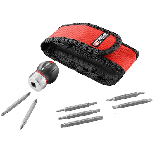 Facom ATCL.S14PB compact ratchet screwdriver set with black and red pouch, handle, and multiple steel bits, angled view.