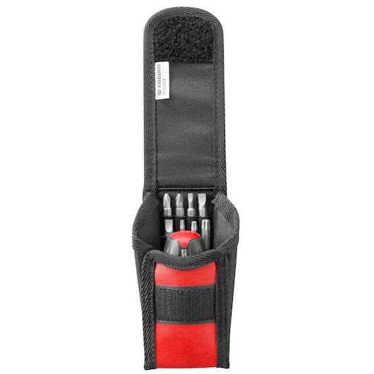 Facom ATCL.S14PB screwdriver and bit set with red and black carry pouch, front angle, photography.