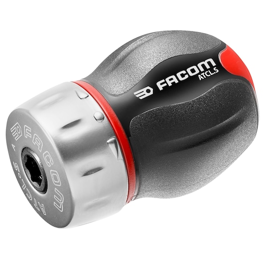Facom ATCL.S stubby ratchet screwdriver, black and red handle, metal head, angled on white background.