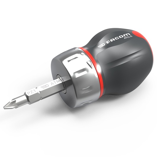 Photo of Facom ATCL.S stubby screwdriver with black and red ergonomic handle, silver collar, and PZ1 bit, angled view.
