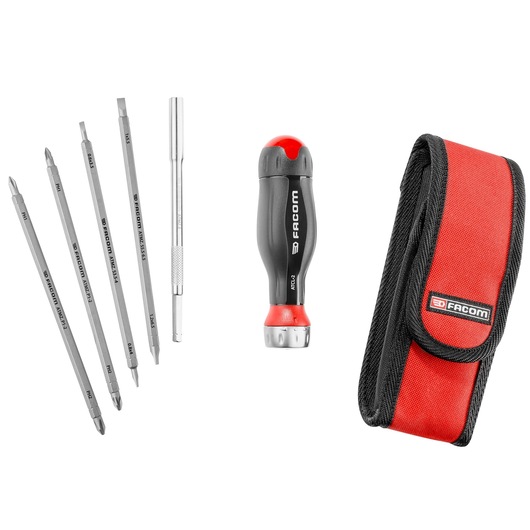 PROTWIST® 3 in 1 ratchet blade handle with 5 blades set in pouch, 1/4"