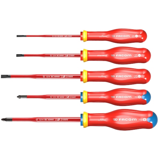 Facom ATD_J5TVEPB set of five insulated screwdrivers with red handles and yellow collars, side view on white background.