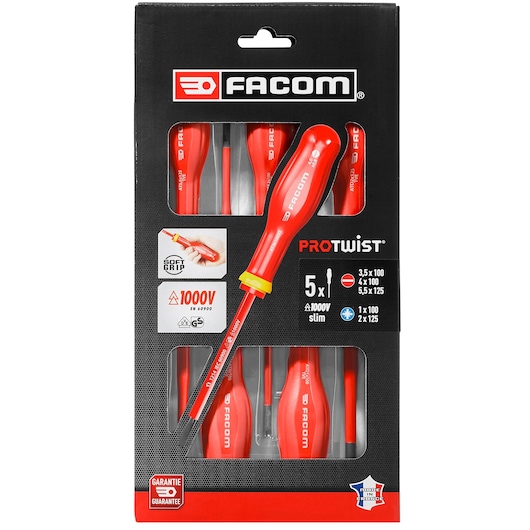 Photo of Facom ATD_J5TVEPB insulated screwdriver set, five red and yellow screwdrivers in black packaging.
