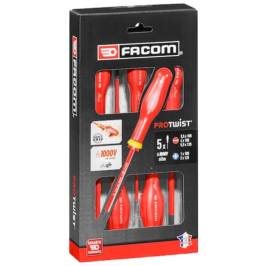 Facom insulated screwdriver set PROTWIST 5-piece with red and yellow handles in retail packaging, front angle, ATD_J5TVEPB.