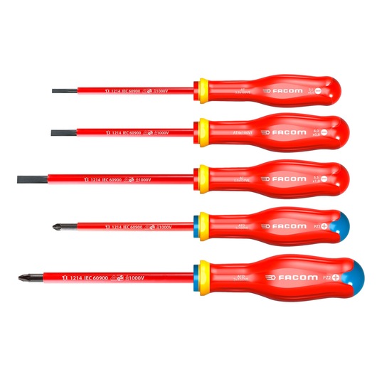 Facom ATDJ5VE insulated screwdriver set, six red and yellow screwdrivers, side angle, white background.