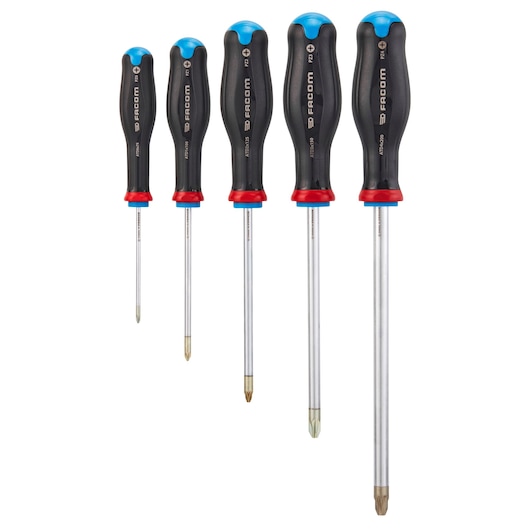 Facom ATD_J5 screwdriver set with black handles, blue and red accents, straight-on photo, five pieces.