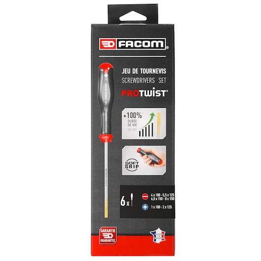 Facom ATD_J6PB screwdriver set packaging, black box with red details, featuring a photo of a screwdriver and product features, front angle.