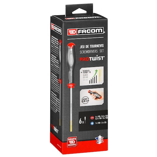 Photo of Facom ATD_J6PB screwdriver set in black box, showing six-piece Protwist set with ergonomic handles.