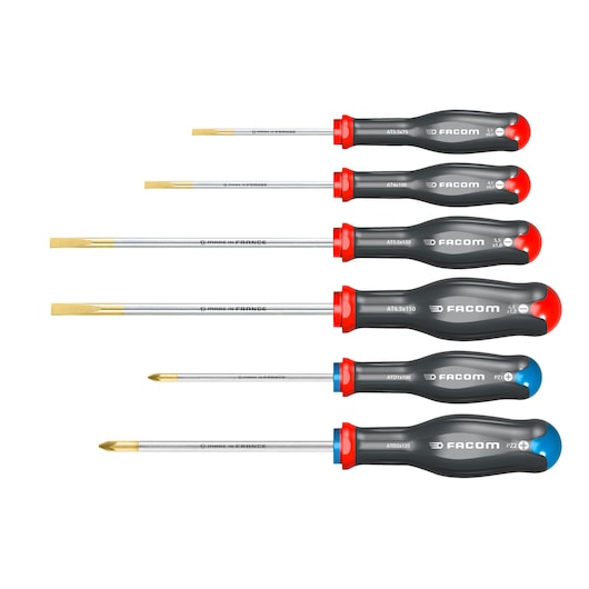 Facom ATD_J6 screwdriver set with six screwdrivers, black handles, red and blue tips, side angle, white background.