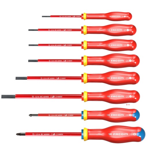 Photo of Facom insulated screwdriver set ATDJ8VE, red handles, eight pieces, flat and Phillips types, top view, white background.