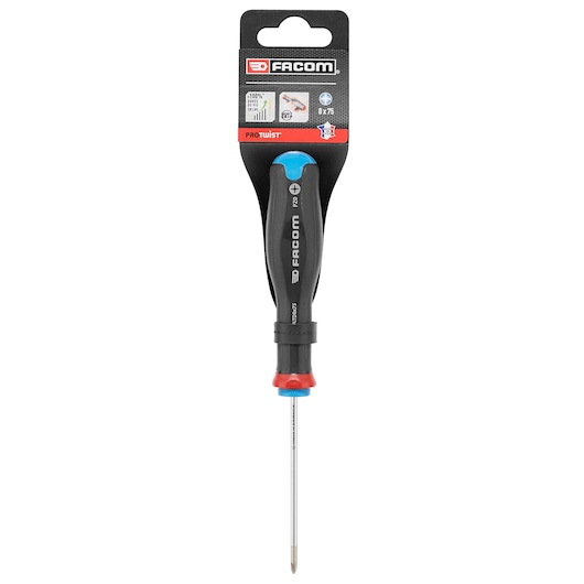 Facom ATD0X75PB Phillips screwdriver with black handle, blue end cap, and silver shaft, front angle, white background.