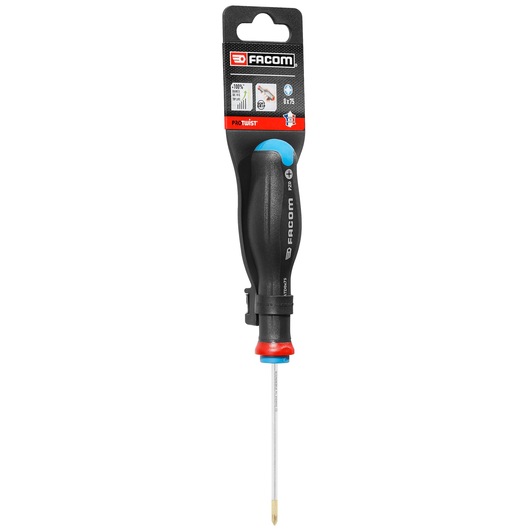 Facom ATD0X75PB Phillips screwdriver with black ergonomic handle and red-blue accents, front angle, white background.