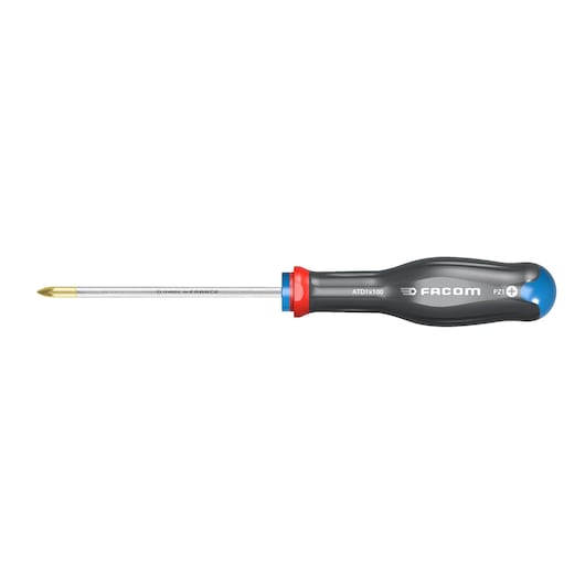 Facom ATD0X75 Phillips screwdriver with black handle and gold tip, side view on white background.