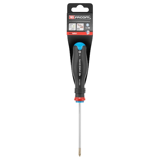 Facom ATD1X100PB Phillips screwdriver with black and red ergonomic handle, photographed on white background, front view.