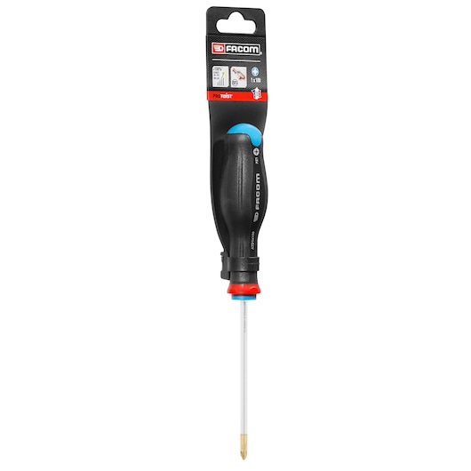 Facom ATD1X100PB Phillips screwdriver with black ergonomic handle, red and blue accents, front view on white background.