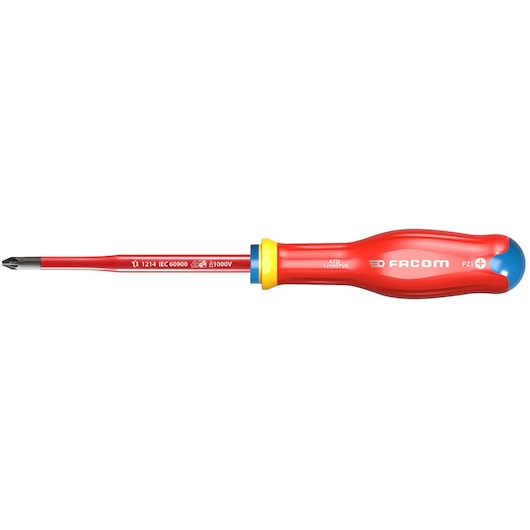 Facom ATD1x100TVE insulated Phillips screwdriver with red and yellow handle, side view, on white background.