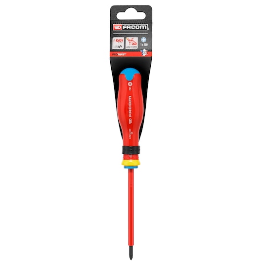 Facom PROT_SD_PZ_1X100_1000V insulated Pozidriv screwdriver with red and yellow handle, photographed on white background.