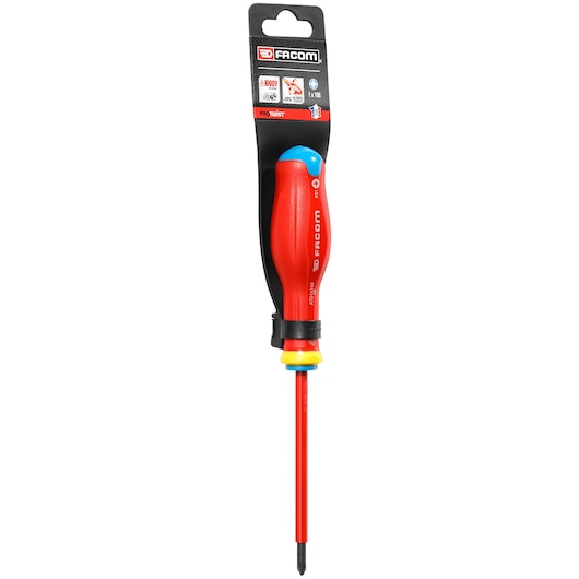 Photo of Facom insulated Pozidriv screwdriver PROT_SD_PZ_1X100_1000V, red handle, front angle, on white background.